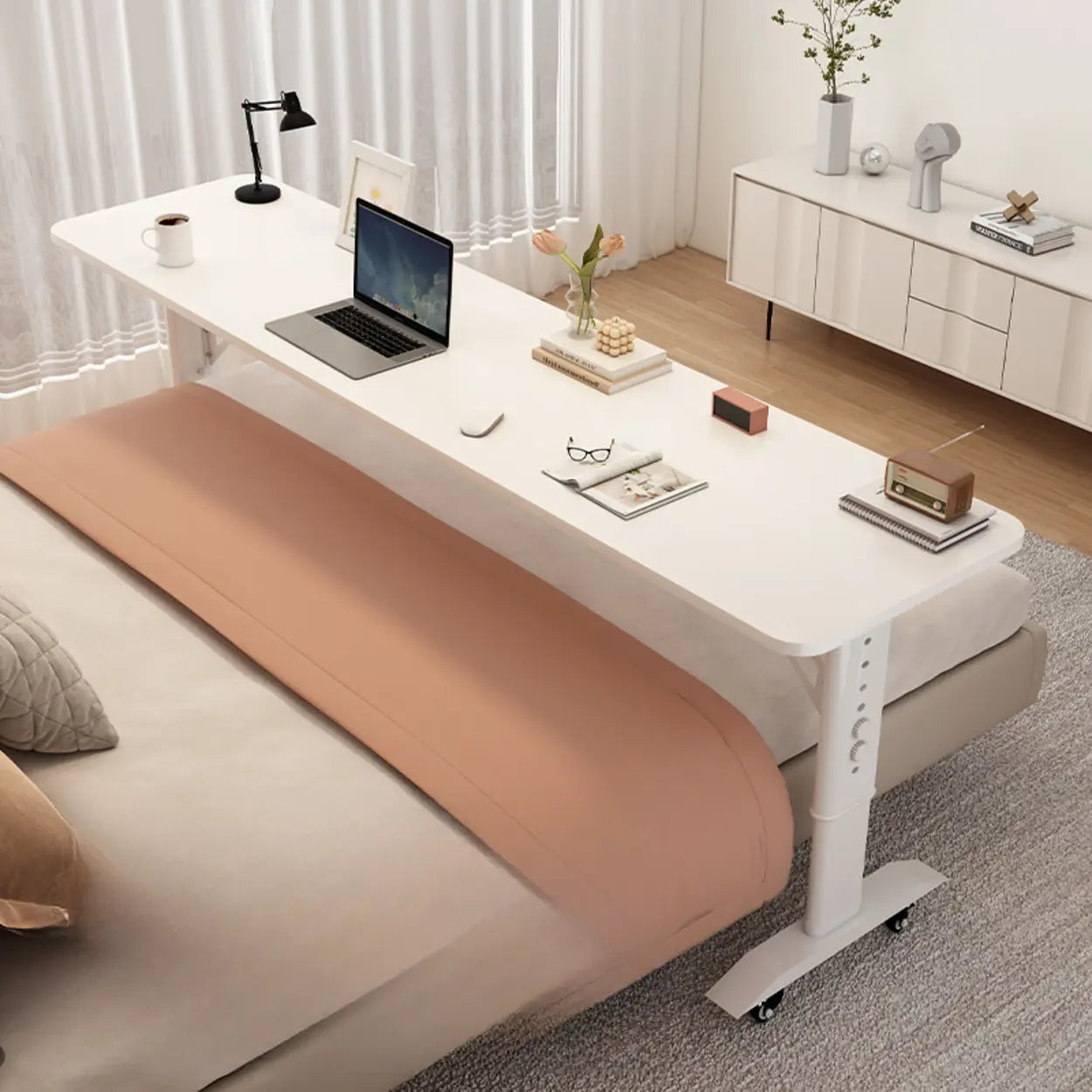 White Height-Adjustable Wood Computer Desk with Wheels — Board Included / Table Only