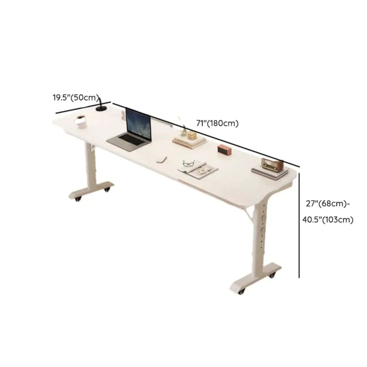 White Height-Adjustable Wood Computer Desk with Wheels