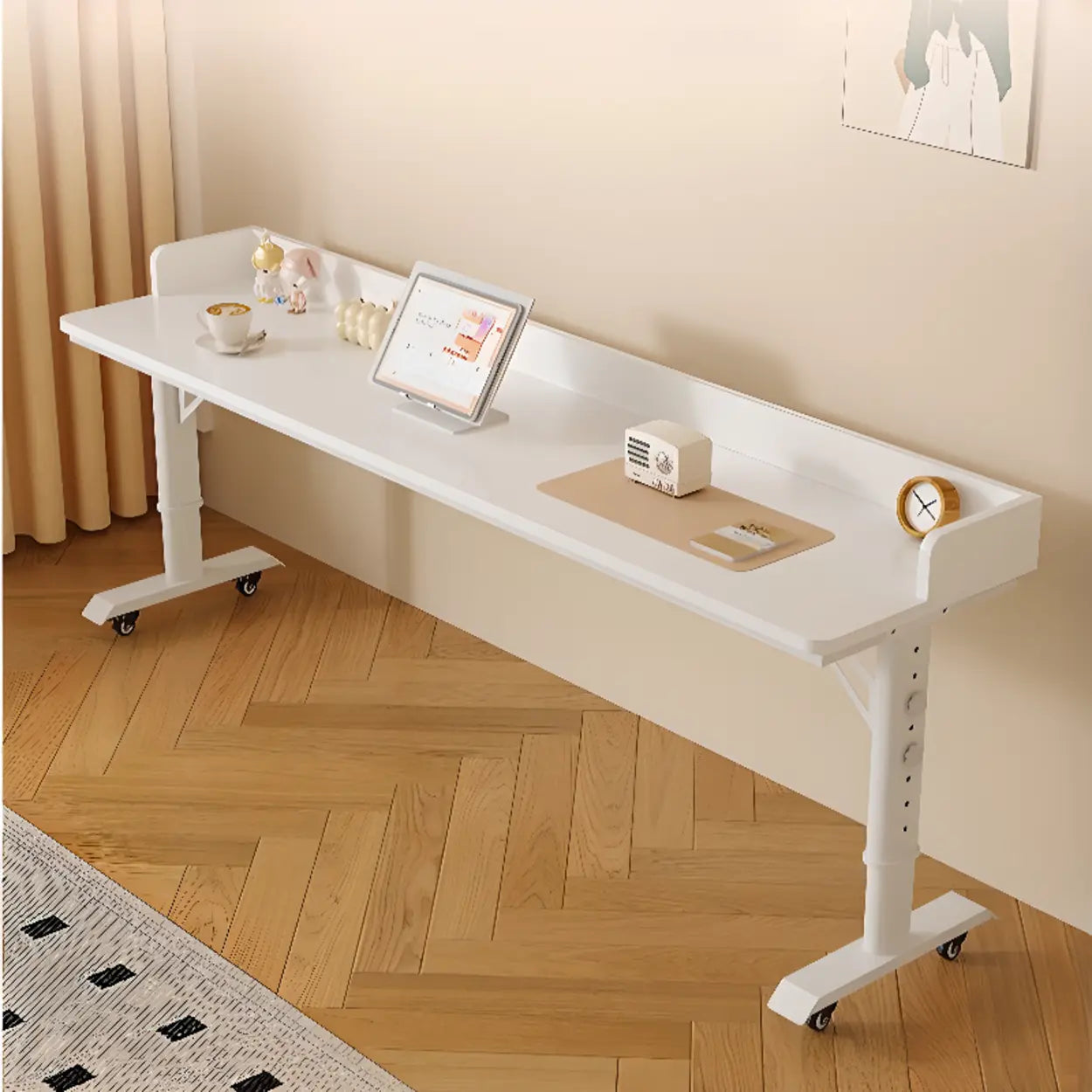 White Height-Adjustable Wood Computer Desk with Wheels — Board Included / Table Only