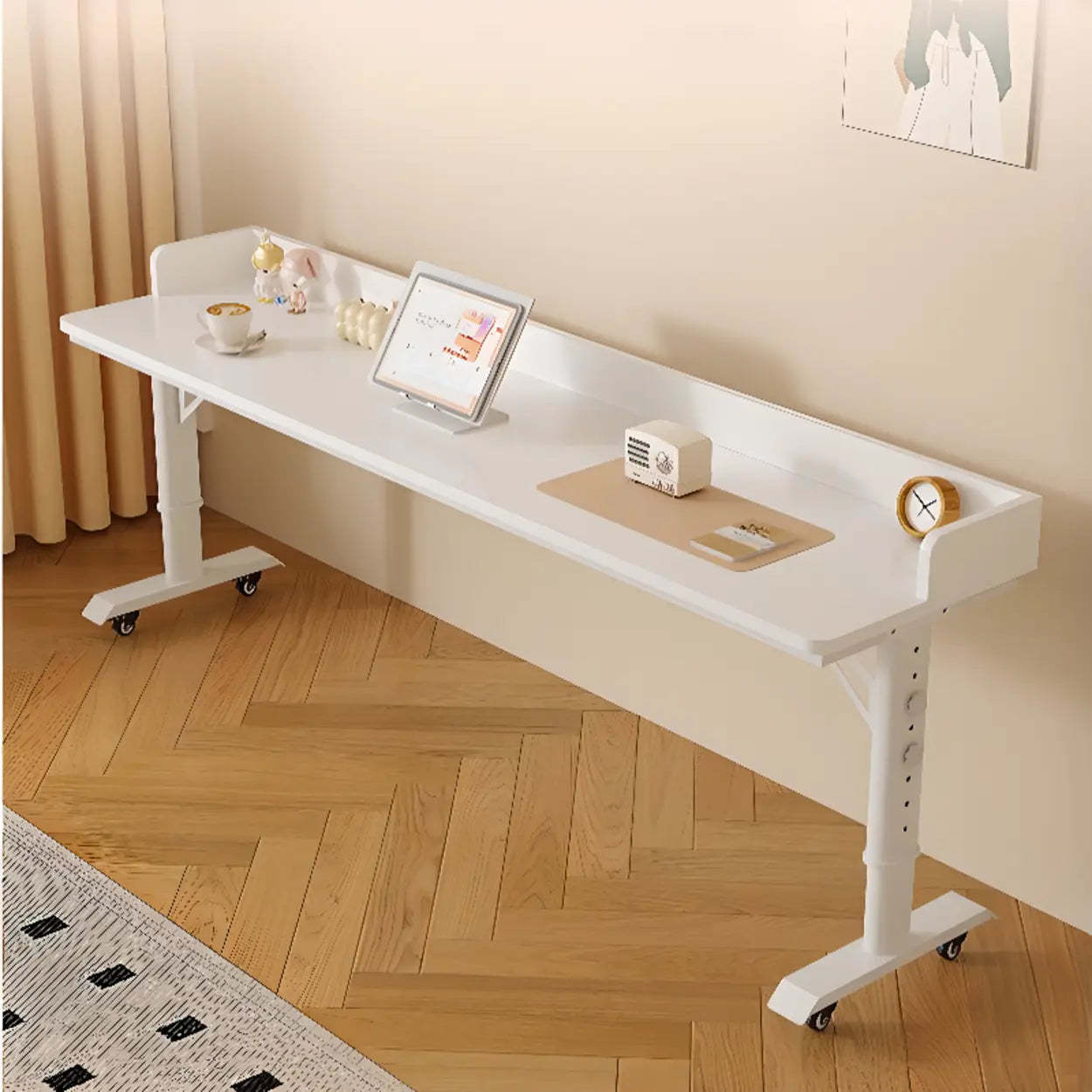 White Height-Adjustable Wood Computer Desk with Wheels — Board Included / Table Only