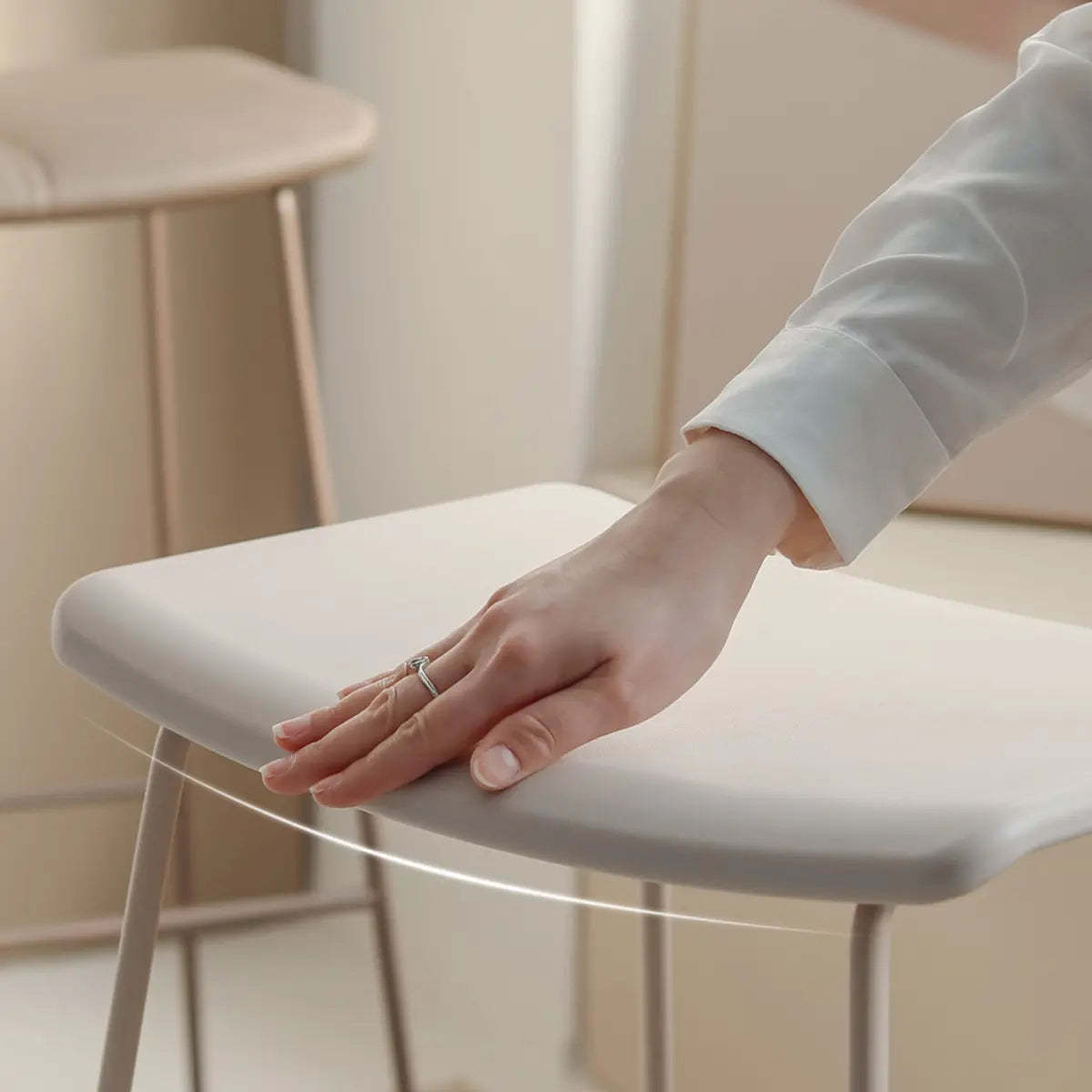 White Leather Square Backless Saddle Bar Stool — Upholstered / Light Gray