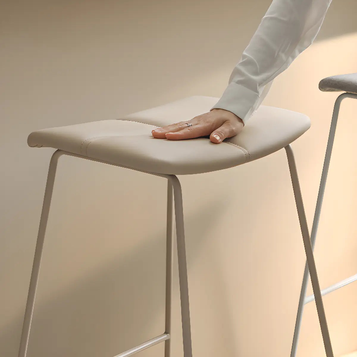 White Leather Square Backless Saddle Bar Stool — Non-Upholstered / White