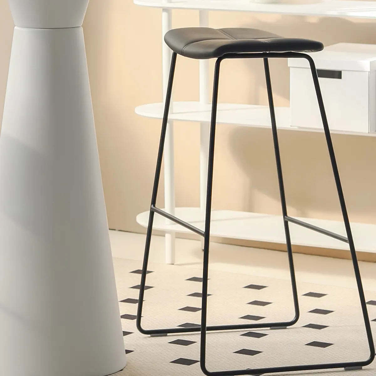 White Leather Square Backless Saddle Bar Stool — Non-Upholstered / Black