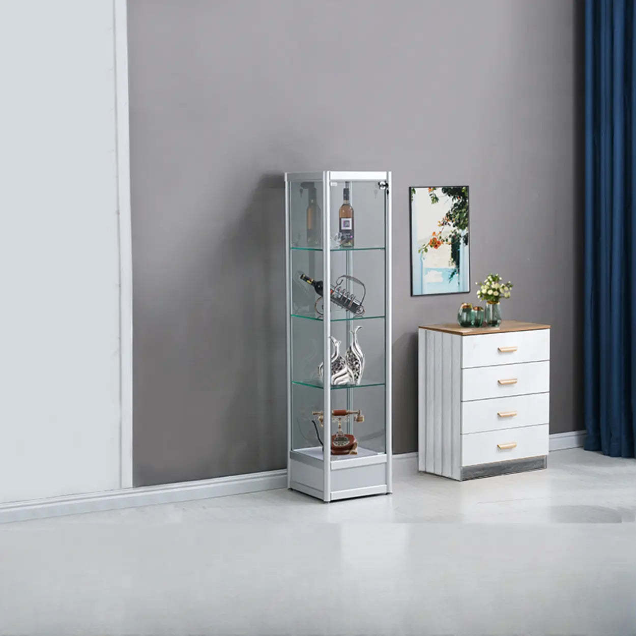 White 5-Shelf Glass Curio Display Cabinet
