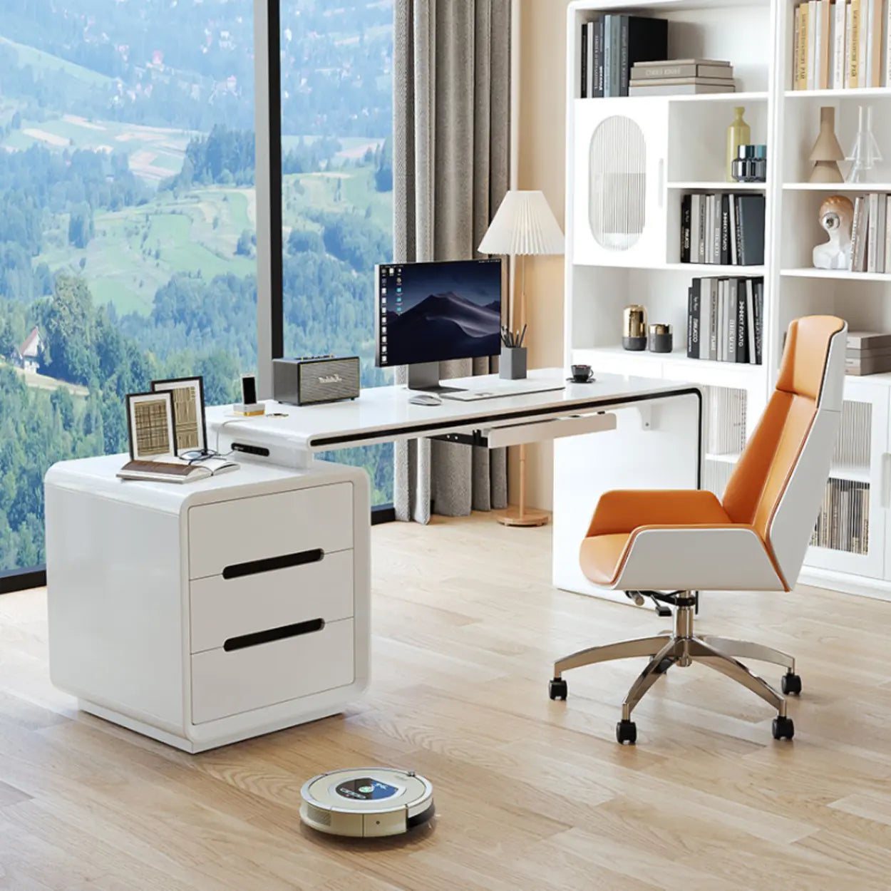 Long White Wood Computer Desk with Drawers