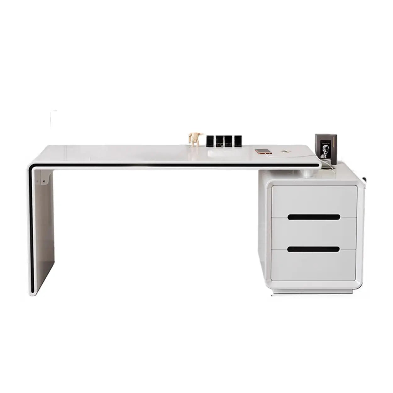 Long White Wood Computer Desk with Drawers — Table Only
