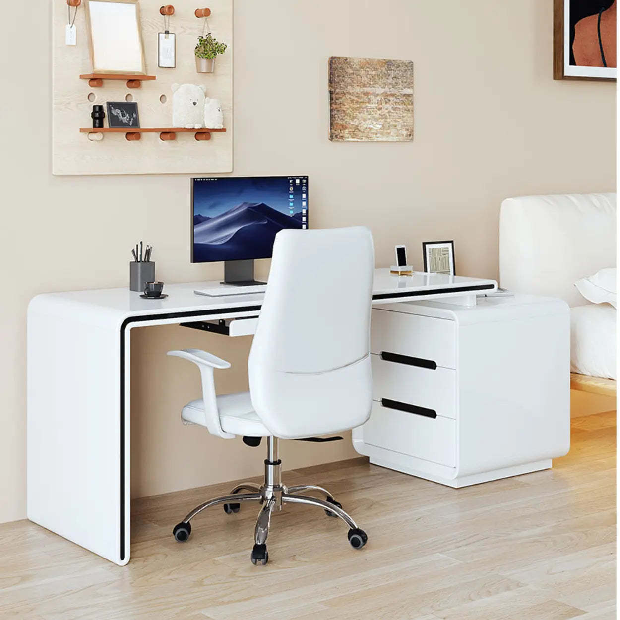 Long White Wood Computer Desk with Drawers — Table Only