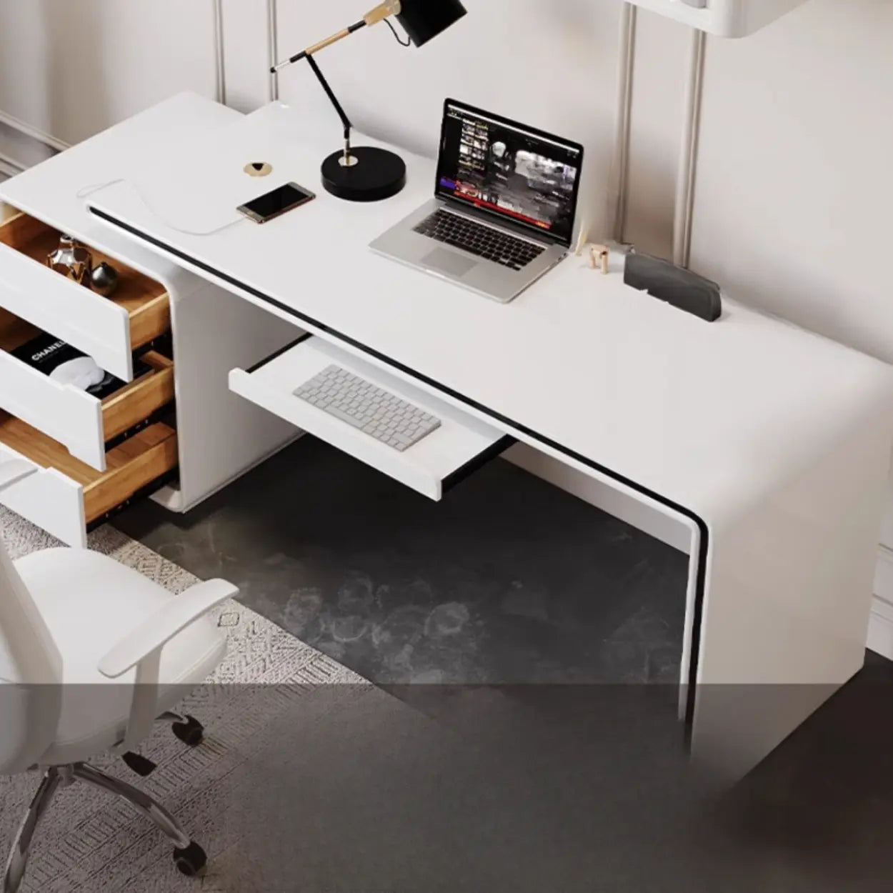 Long White Wood Computer Desk with Drawers — Table Only