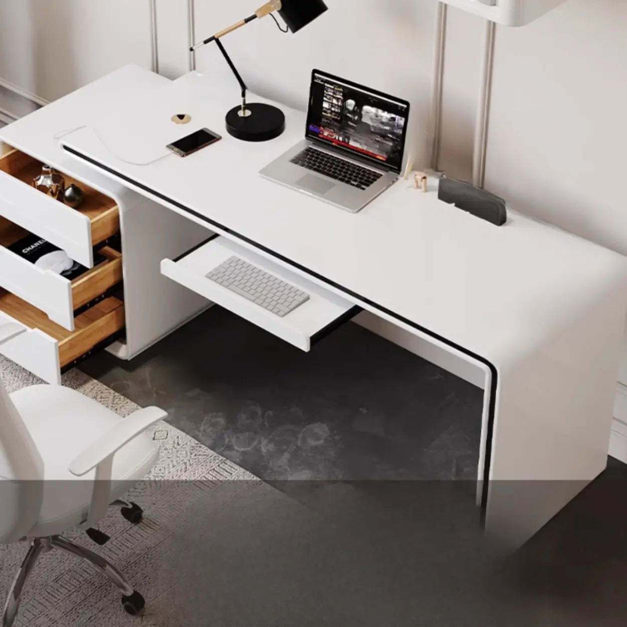 Long White Wood Computer Desk with Drawers — Table Only