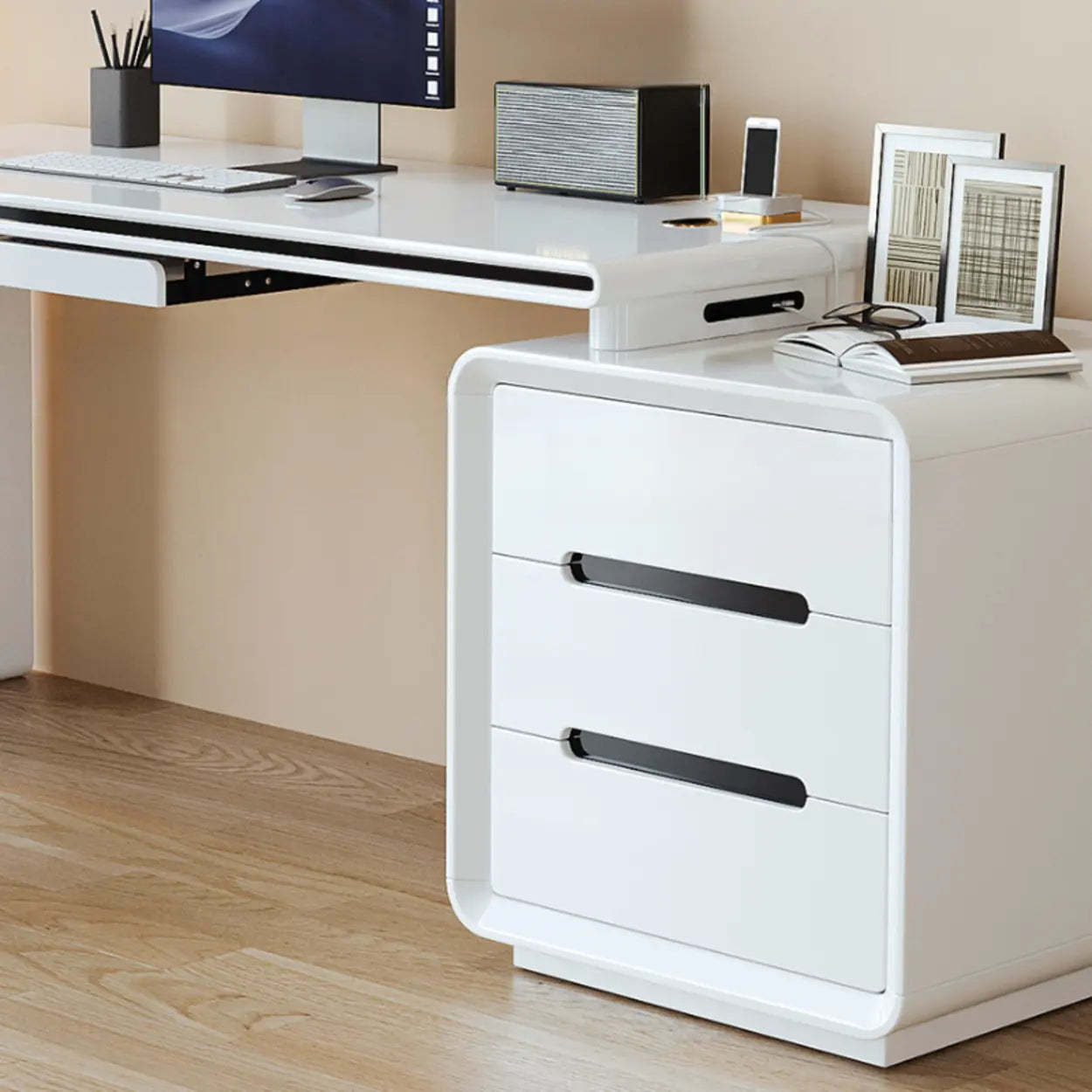 Long White Wood Computer Desk with Drawers — Table Only