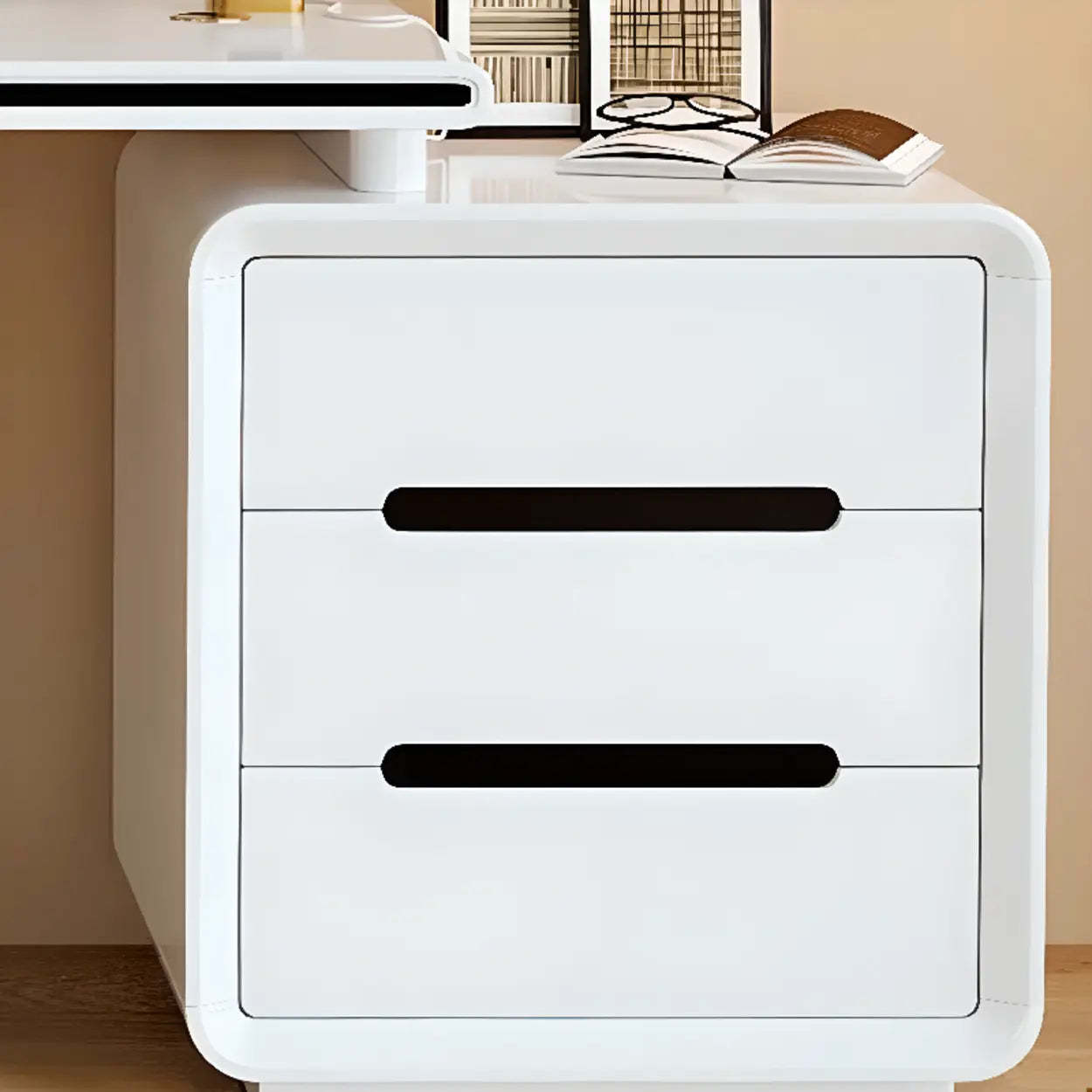 Long White Wood Computer Desk with Drawers