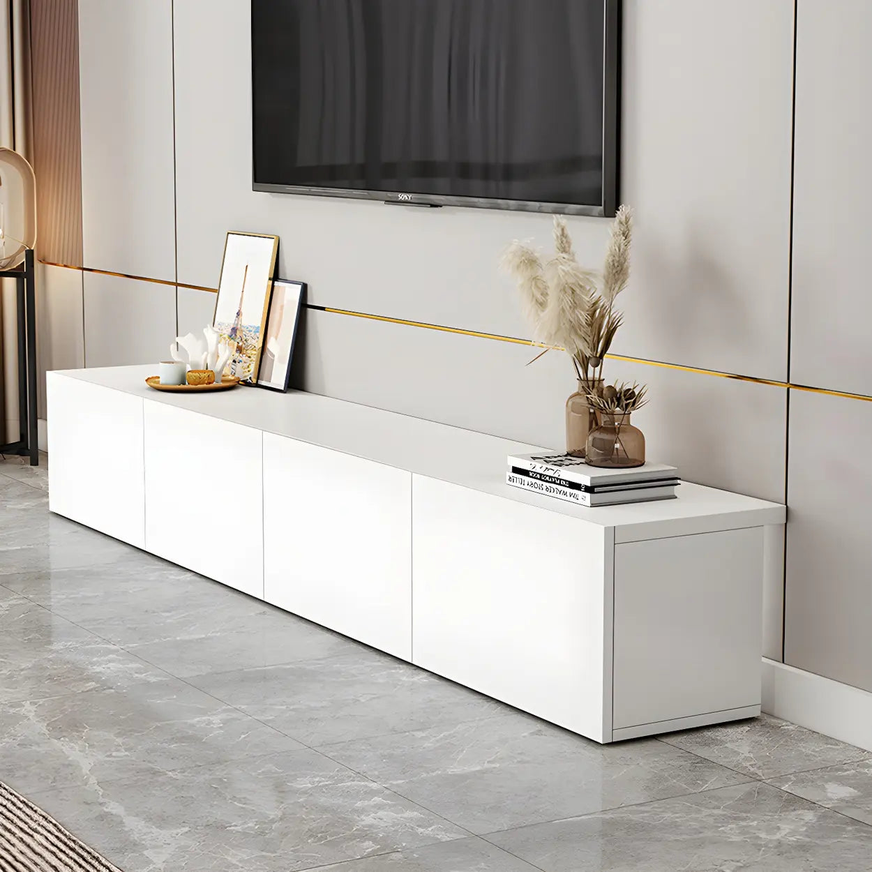 White Wood Rectangular Cabinet TV Stand