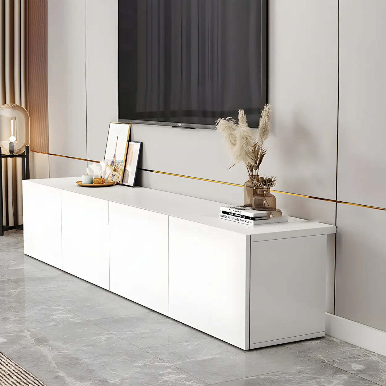 White Wood Rectangular Cabinet TV Stand