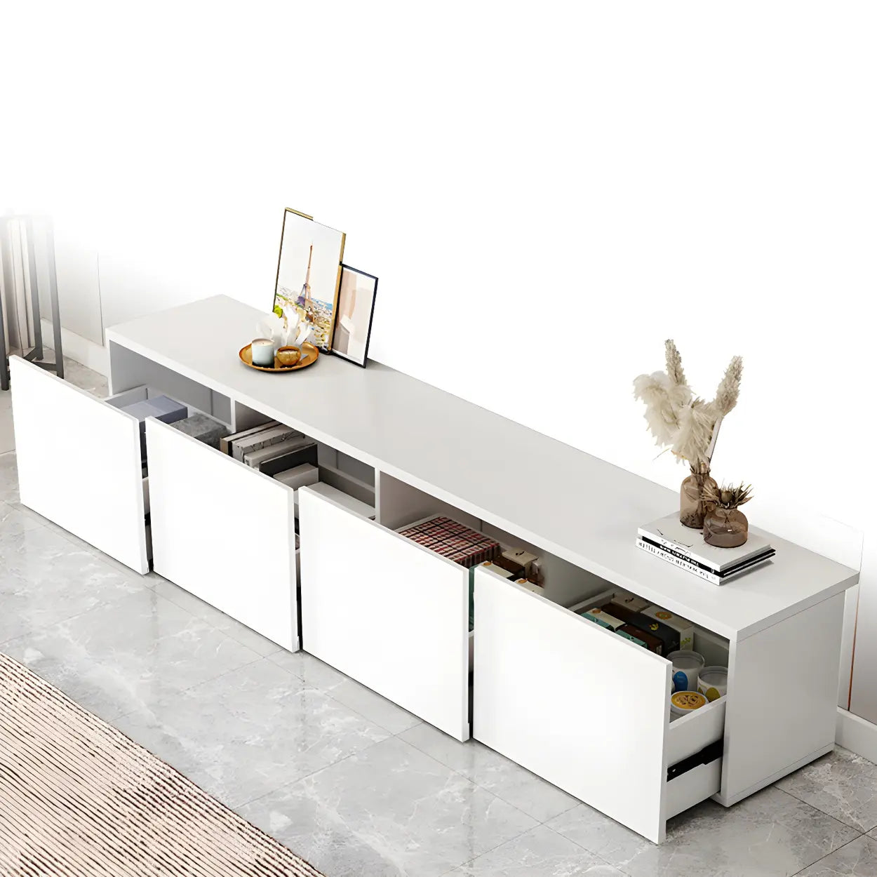 White Wood Rectangular Cabinet TV Stand