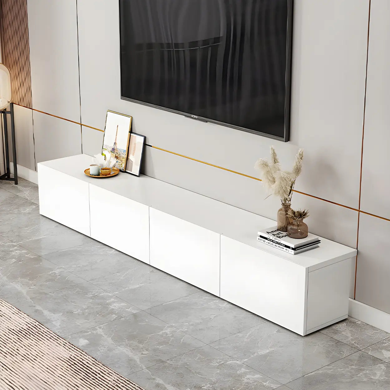 White Wood Rectangular Cabinet TV Stand