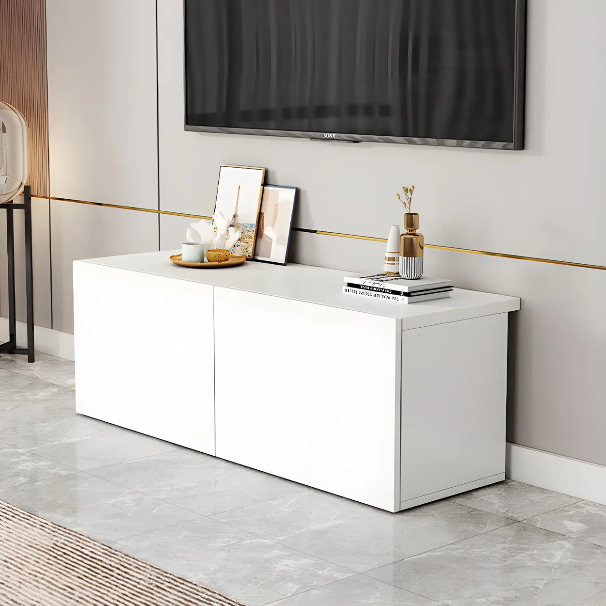 White Wood Rectangular Cabinet TV Stand