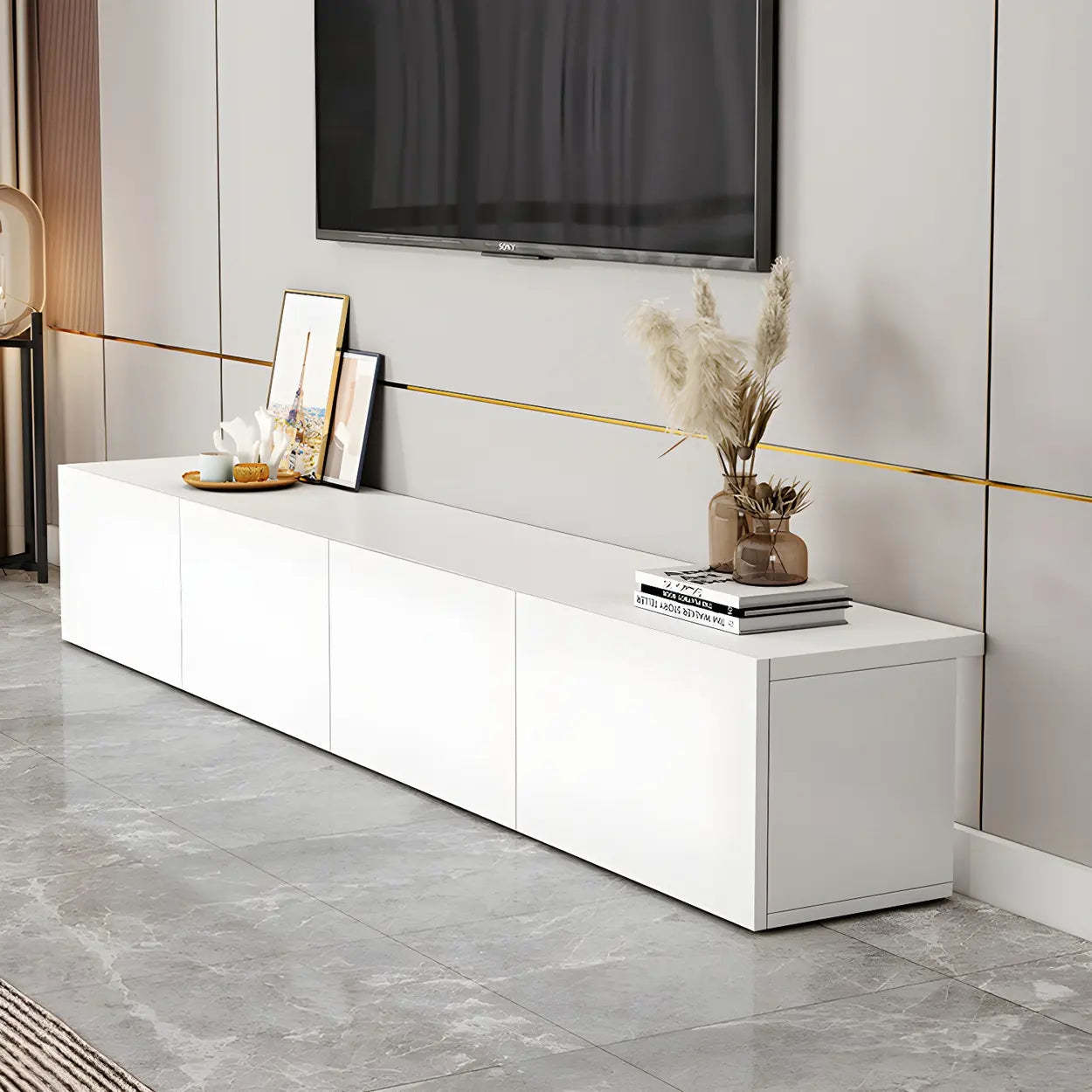 White Wood Rectangular Cabinet TV Stand
