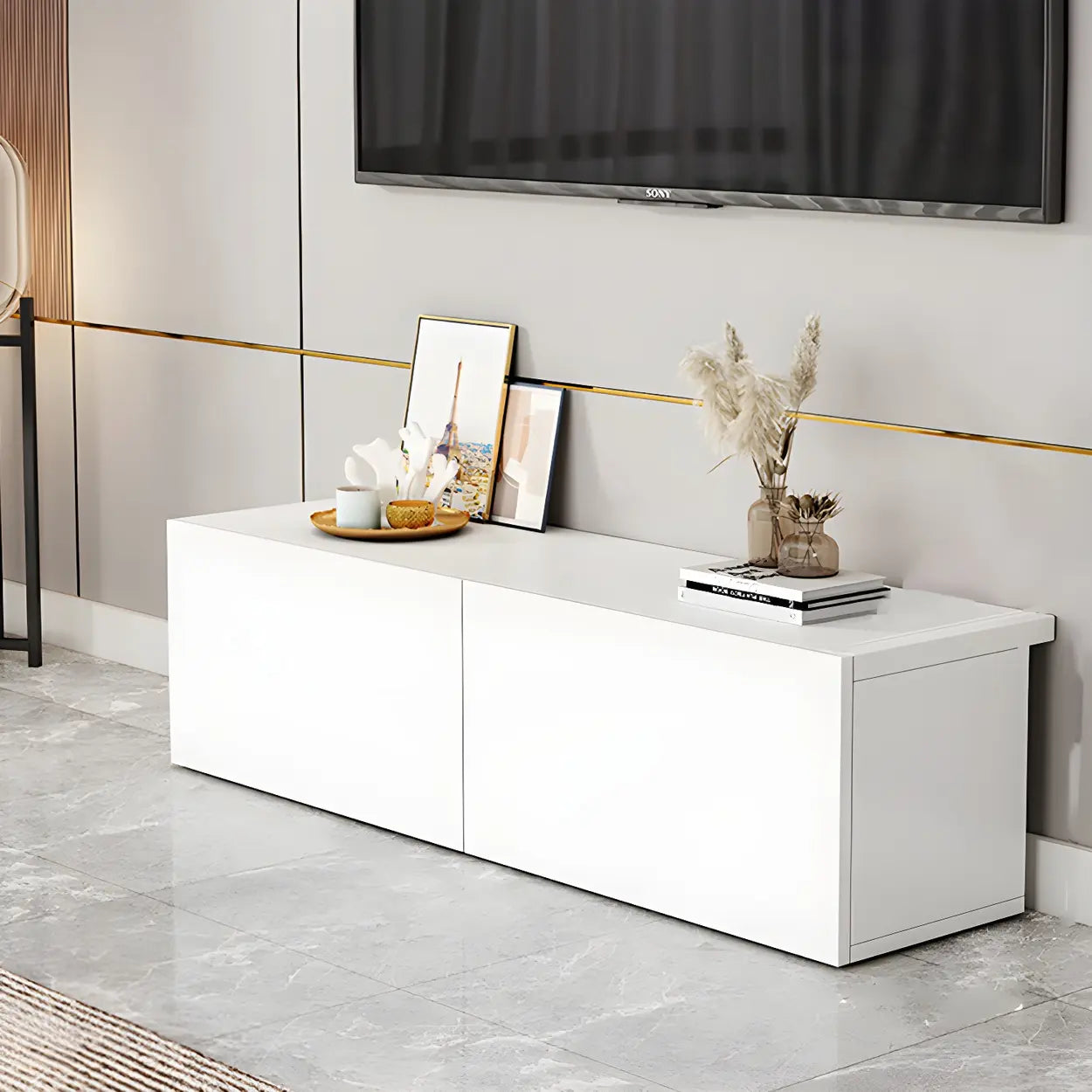 White Wood Rectangular Cabinet TV Stand