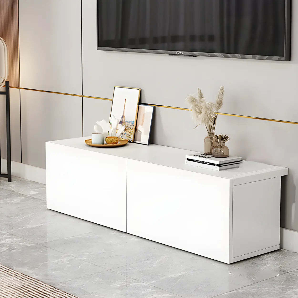 White Wood Rectangular Cabinet TV Stand