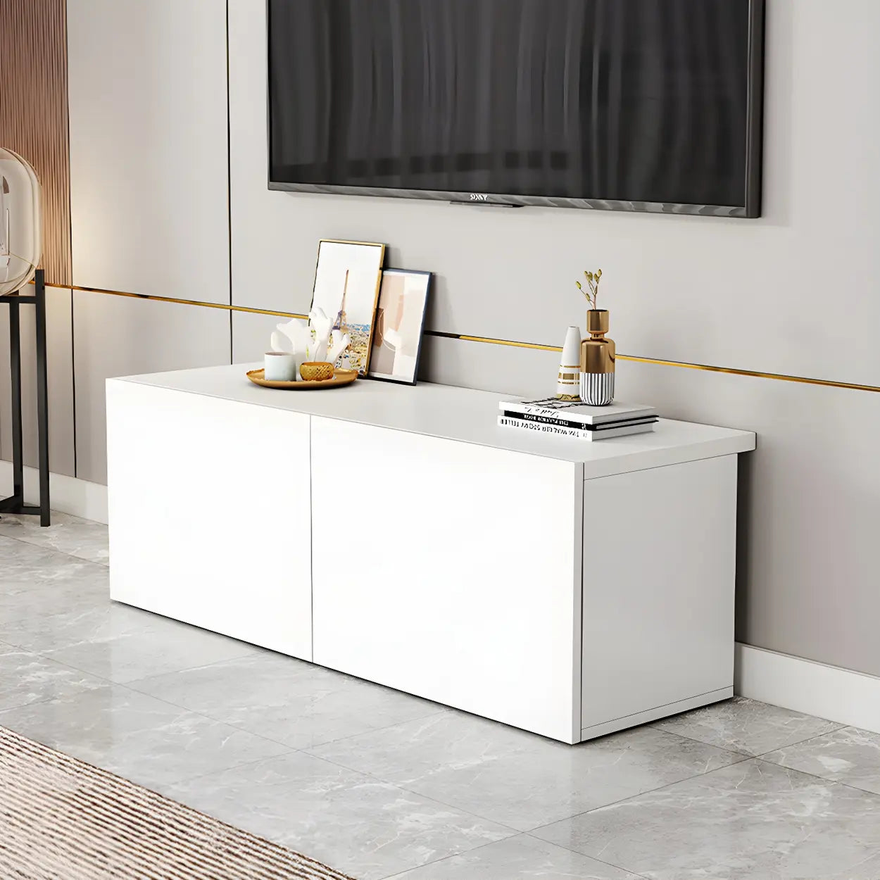 White Wood Rectangular Cabinet TV Stand
