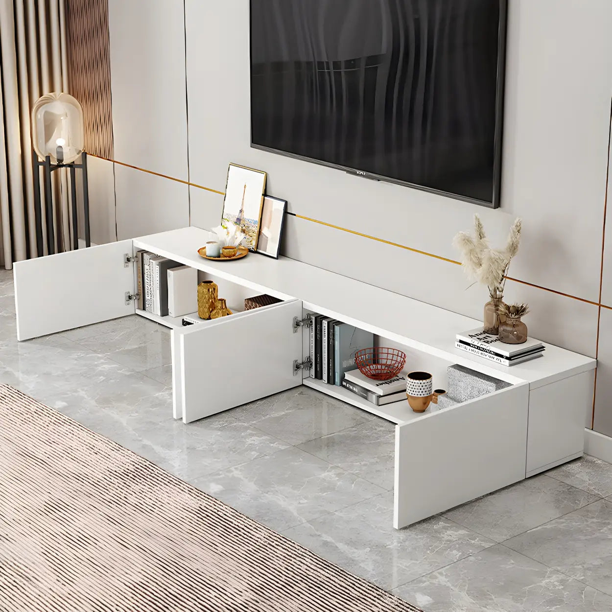 White Wood Rectangular Cabinet TV Stand