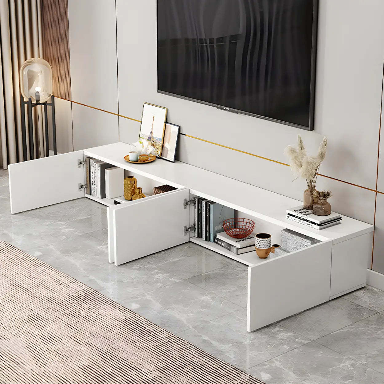 White Wood Rectangular Cabinet TV Stand