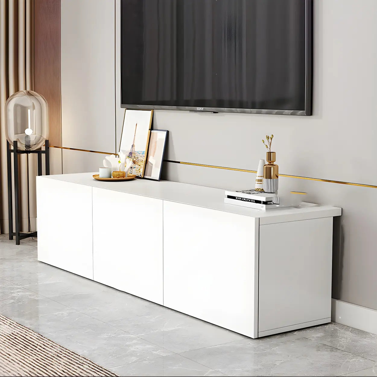 White Wood Rectangular Cabinet TV Stand