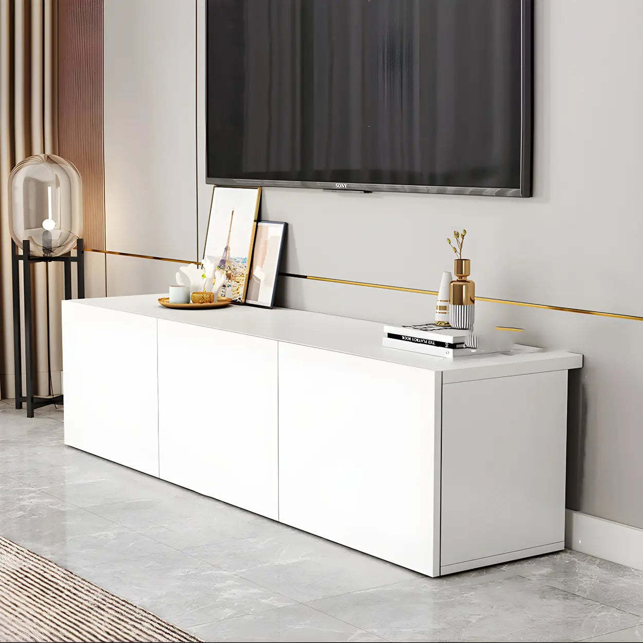 White Wood Rectangular Cabinet TV Stand