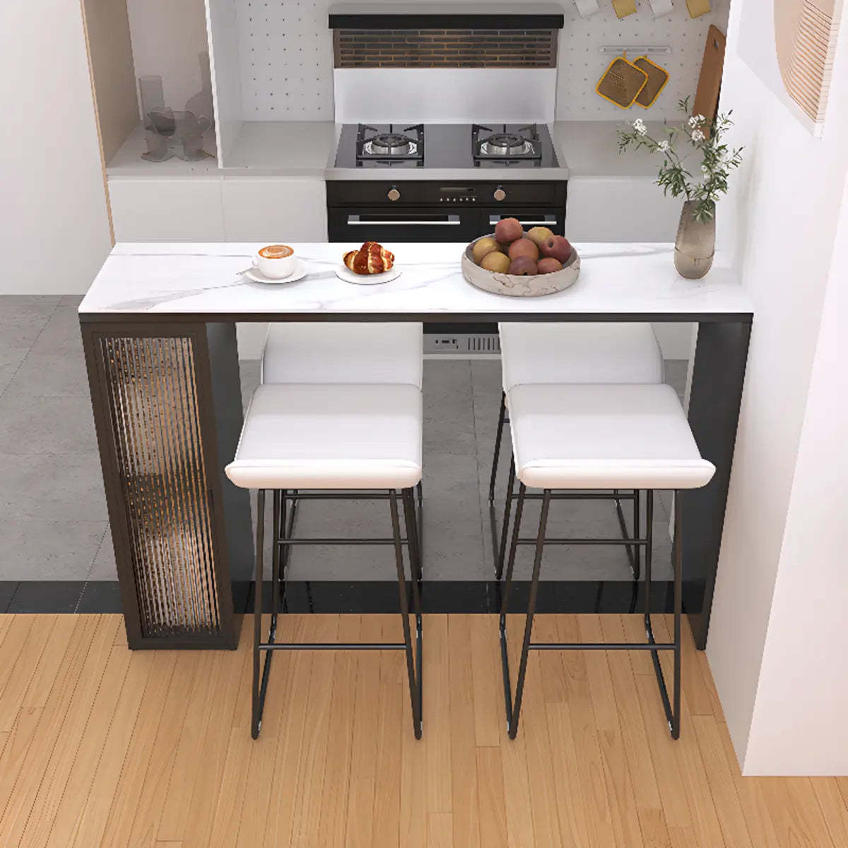 White Marble Black Rectangular Metal Bar Table — Without Chairs