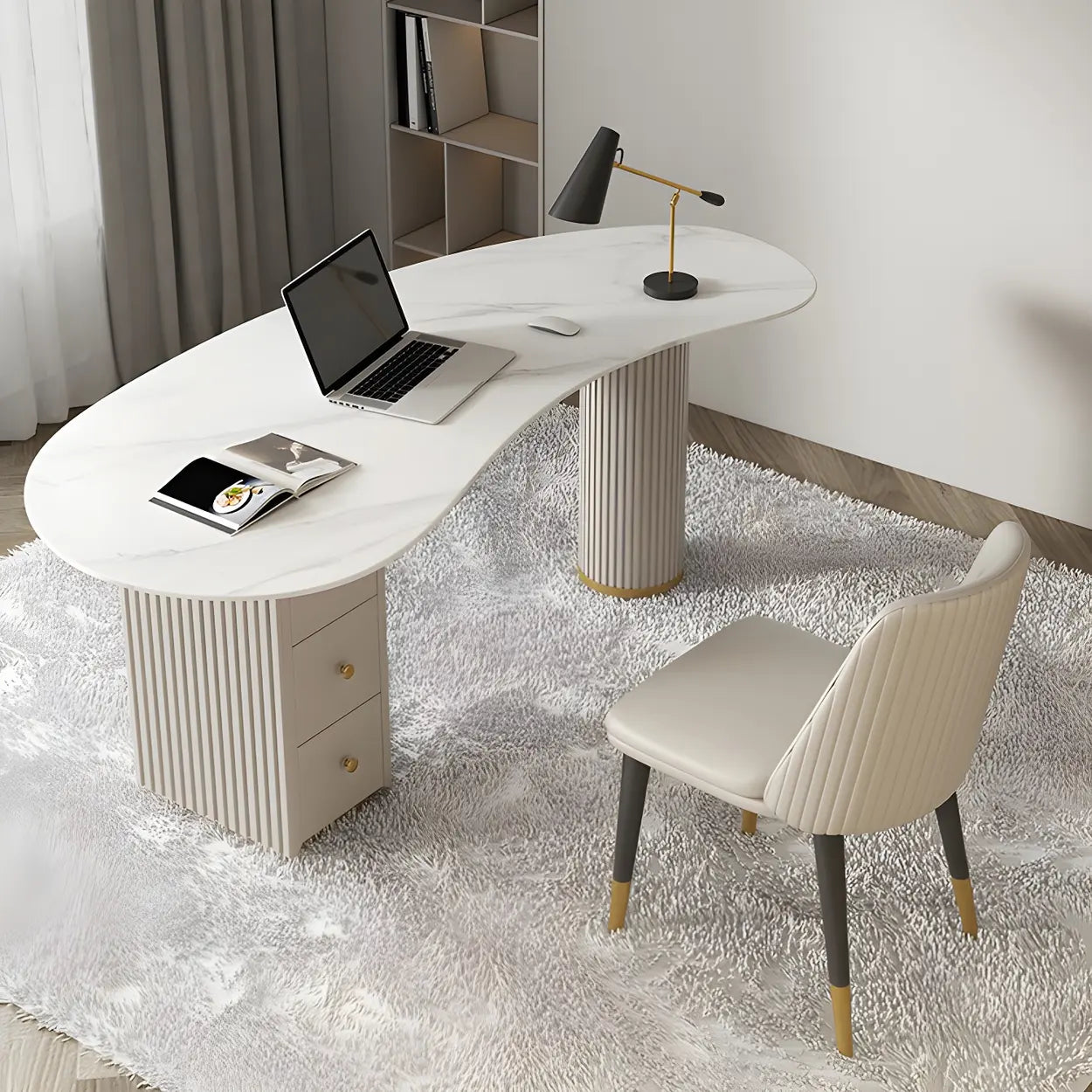 White Marble Curved Free-Form Writing Desk with Drawers