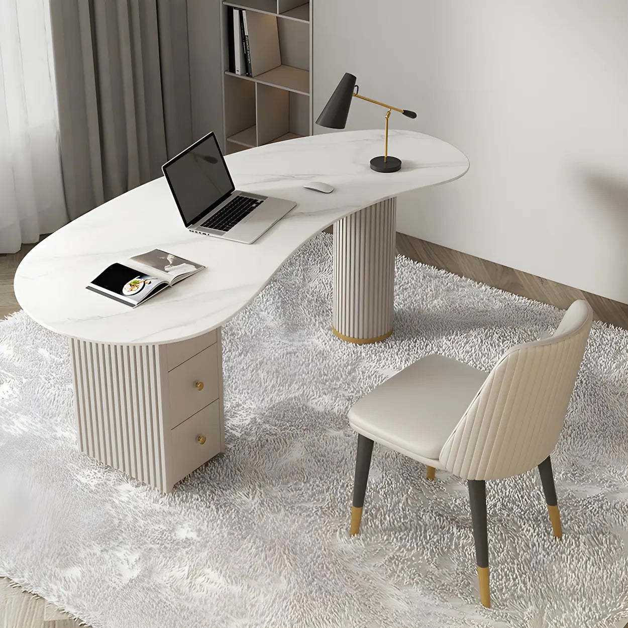 White Marble Curved Free-Form Writing Desk with Drawers — Black / Table Only