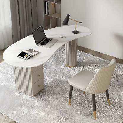 White Marble Curved Free-Form Writing Desk with Drawers — Black / Table Only