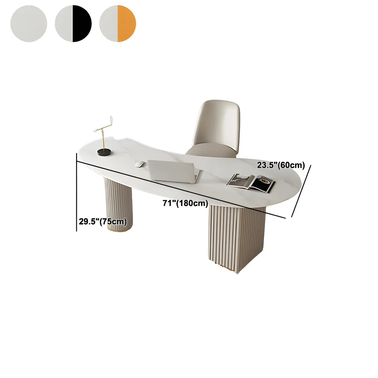 White Marble Curved Free-Form Writing Desk with Drawers — Orange / Table Only