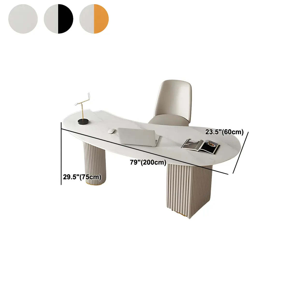 White Marble Curved Free-Form Writing Desk with Drawers — White / Table Only