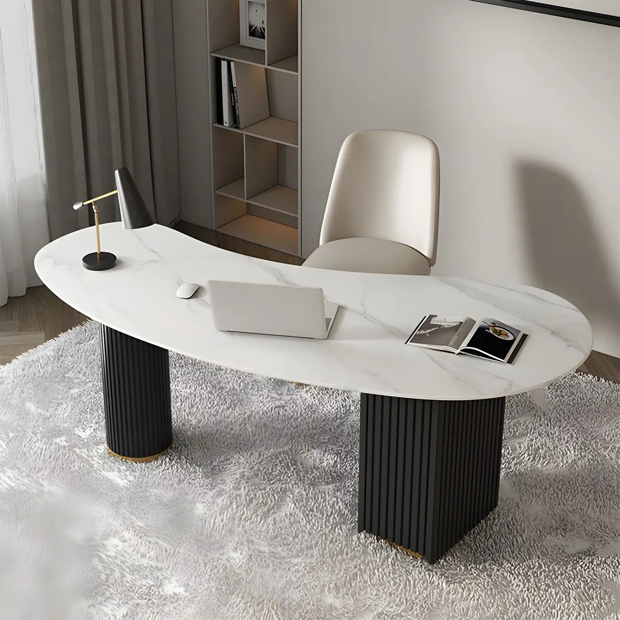 White Marble Curved Free-Form Writing Desk with Drawers — Orange / Table Only