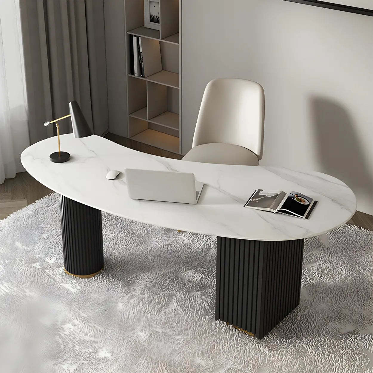 White Marble Curved Free-Form Writing Desk with Drawers — Orange / Table Only