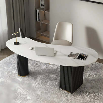 White Marble Curved Free-Form Writing Desk with Drawers — Orange / Table Only