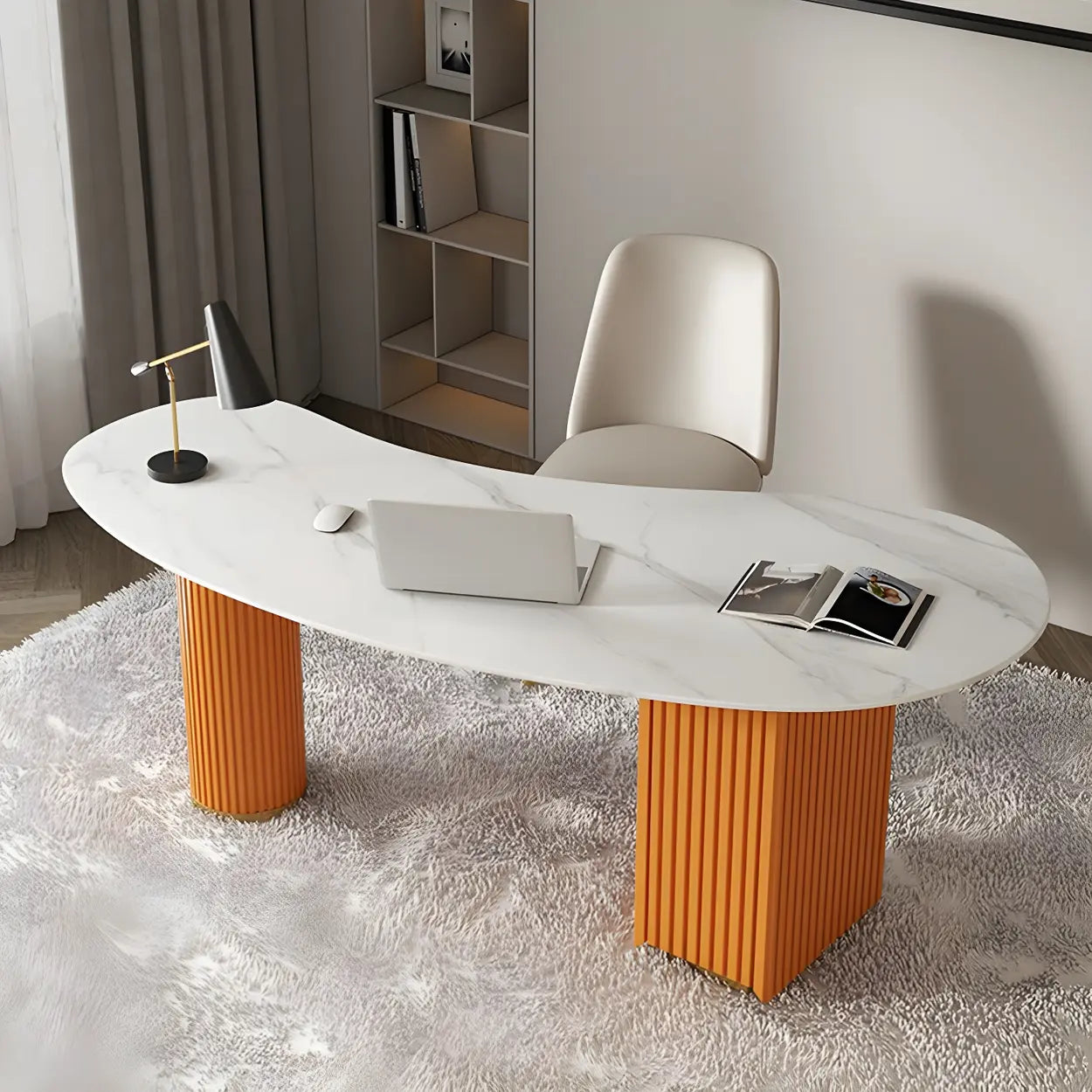 White Marble Curved Free-Form Writing Desk with Drawers — White / Table Only