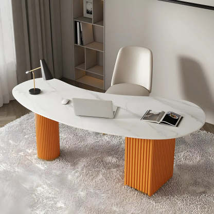 White Marble Curved Free-Form Writing Desk with Drawers — White / Table Only