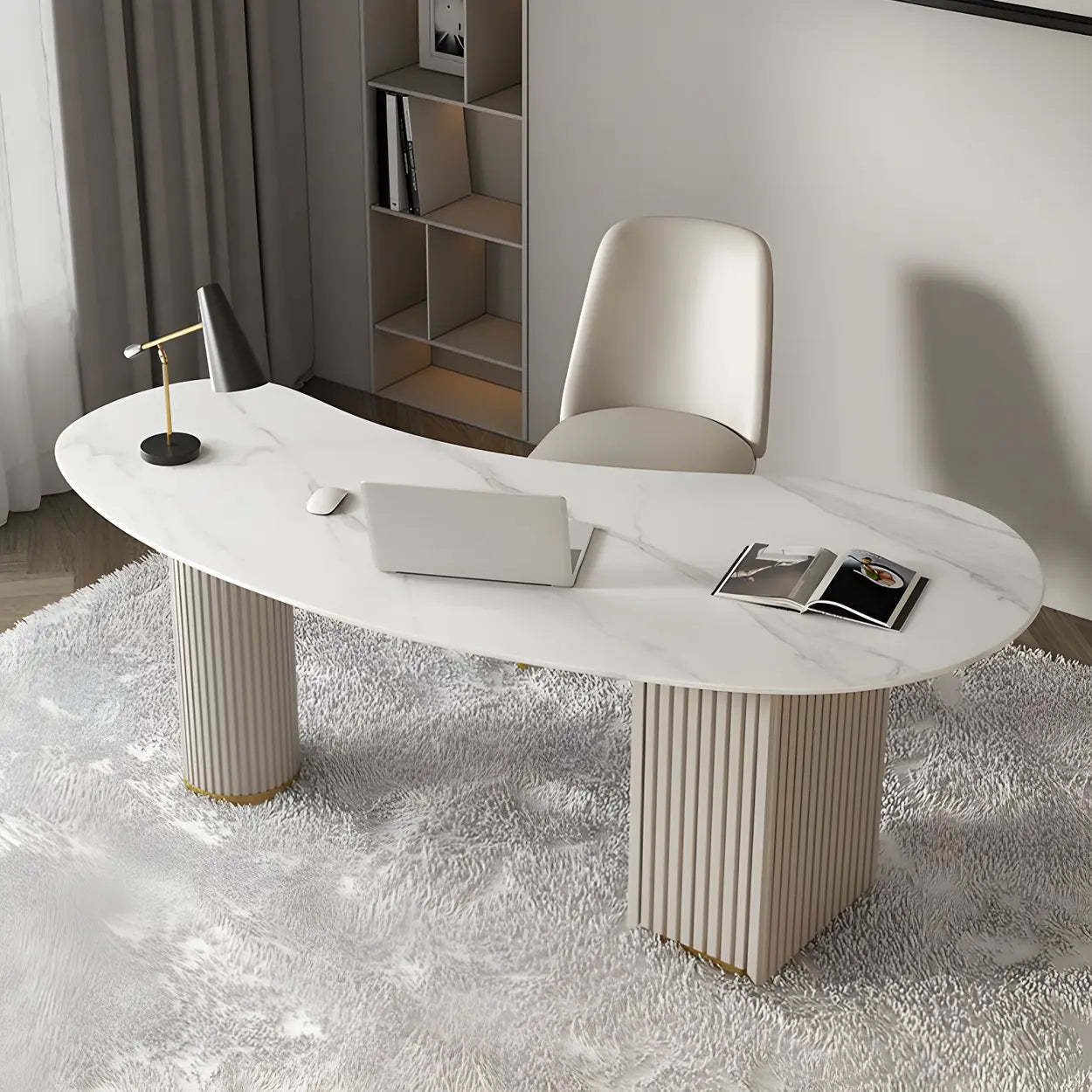 White Marble Curved Free-Form Writing Desk with Drawers — Black / Table Only