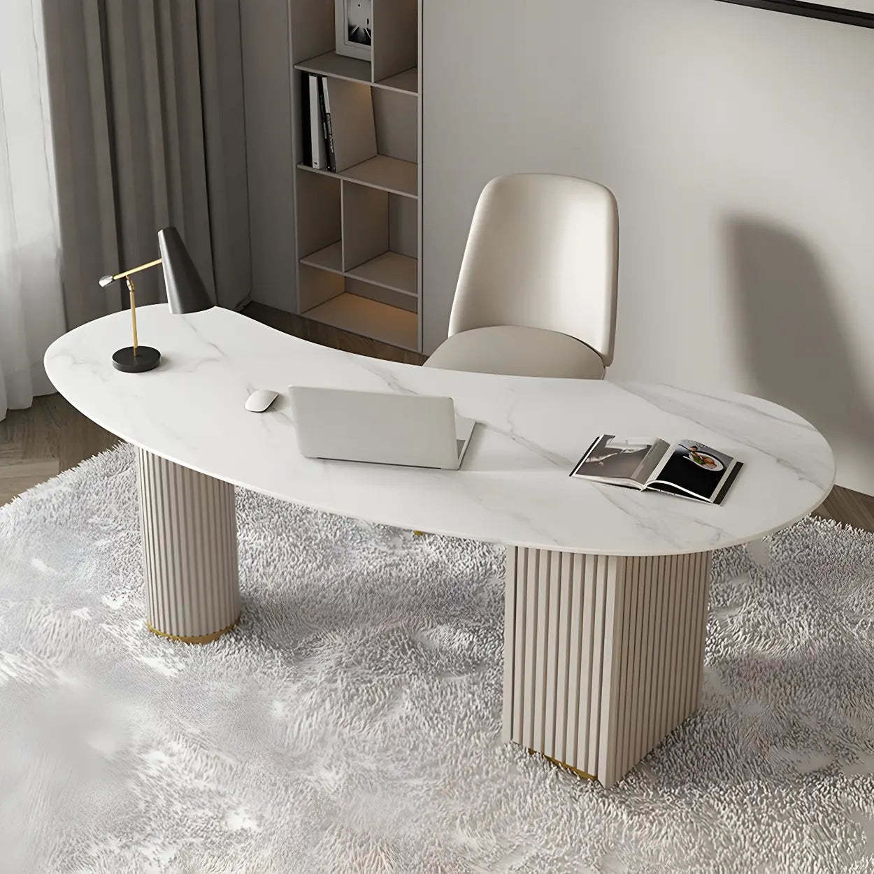 White Marble Curved Free-Form Writing Desk with Drawers — Orange / Table Only
