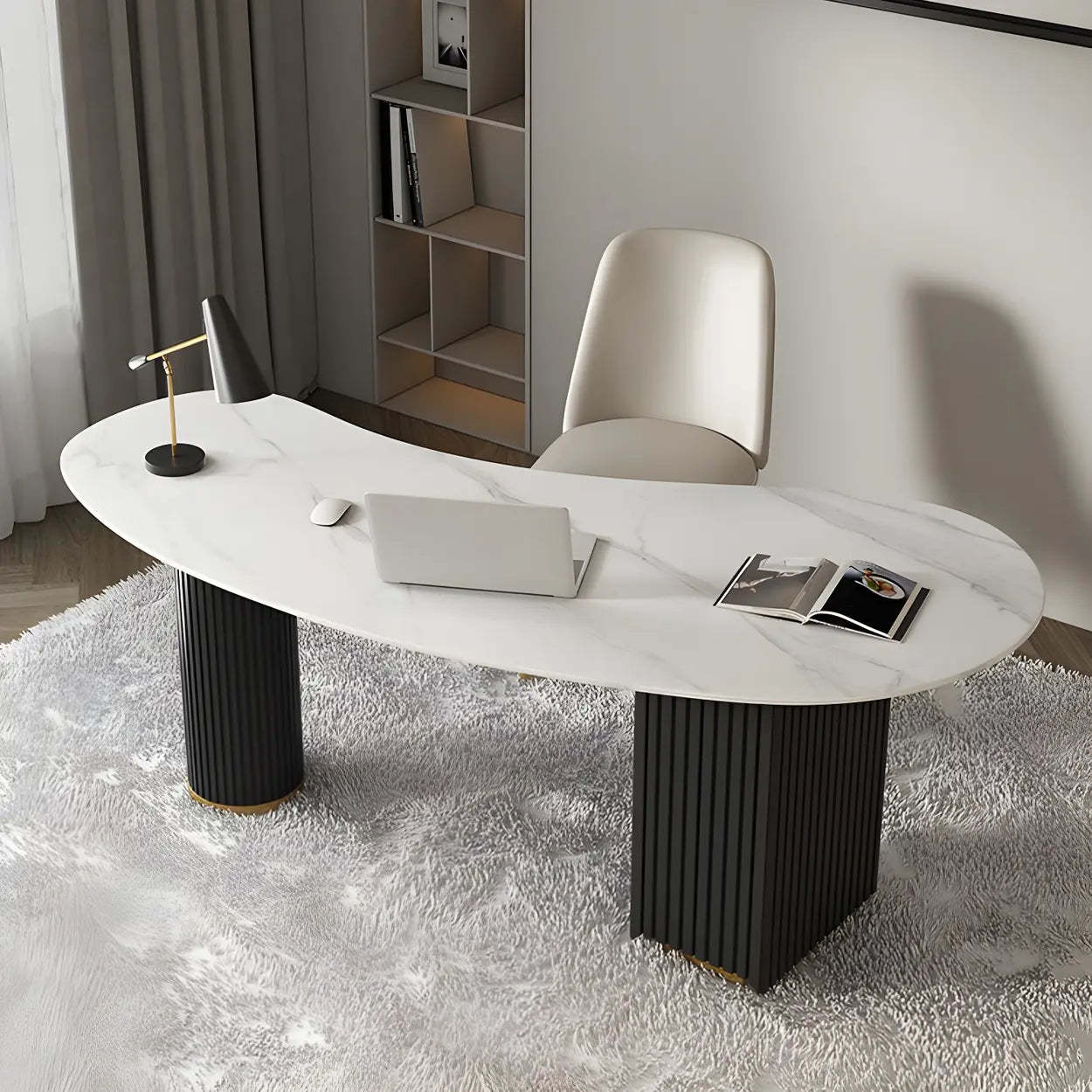 White Marble Curved Free-Form Writing Desk with Drawers — White / Table Only