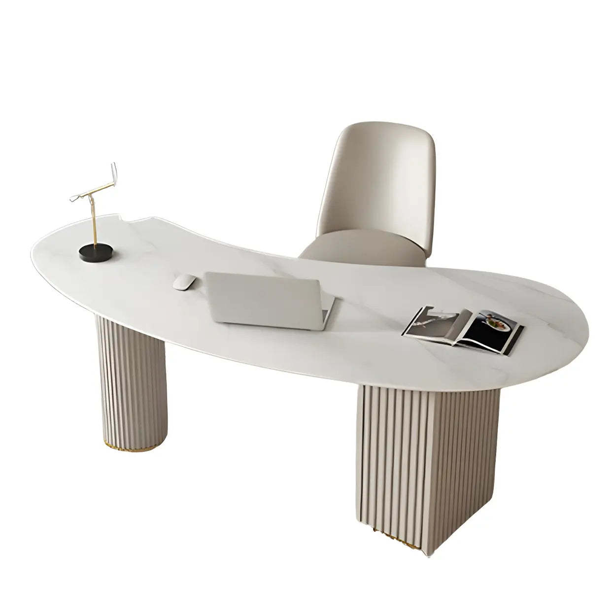 White Marble Curved Free-Form Writing Desk with Drawers — Orange / Table Only