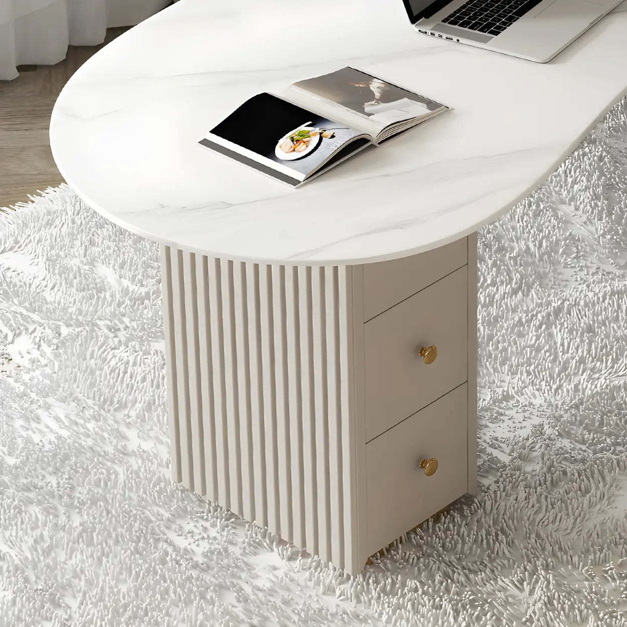 White Marble Curved Free-Form Writing Desk with Drawers — White / Table Only
