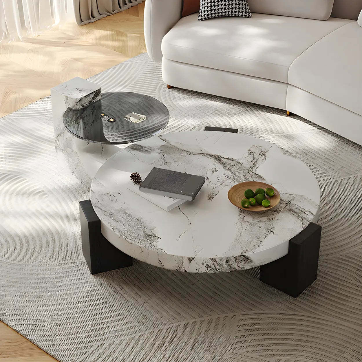 White Marble Round Coffee Table with Three Wood Legs