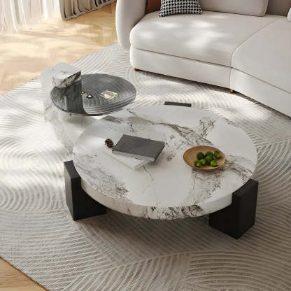 White Marble Round Coffee Table with Three Wood Legs