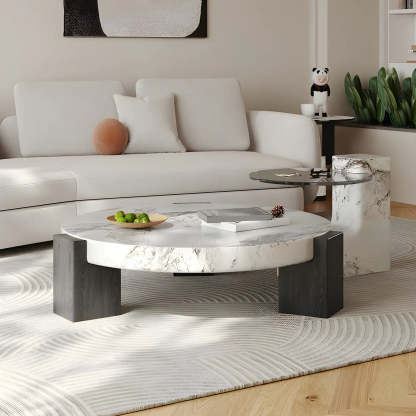 White Marble Round Coffee Table with Three Wood Legs