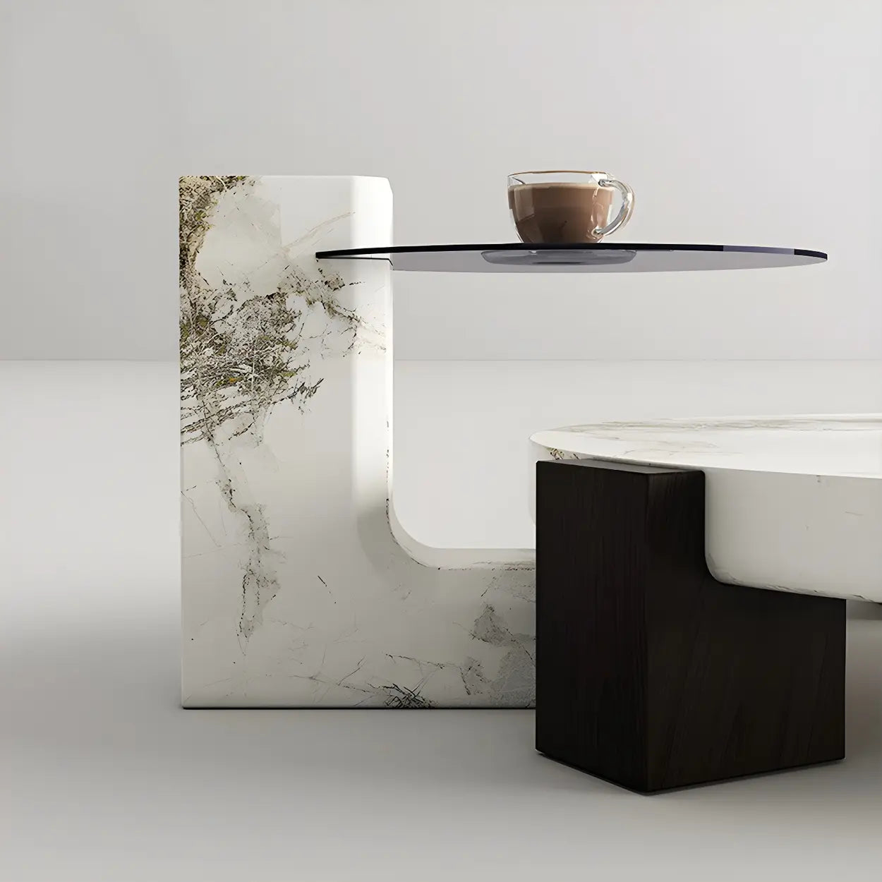 White Marble Round Coffee Table with Three Wood Legs