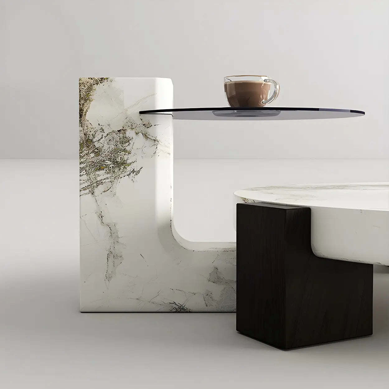 White Marble Round Coffee Table with Three Wood Legs