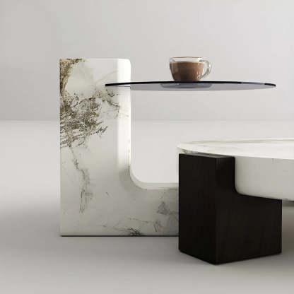 White Marble Round Coffee Table with Three Wood Legs